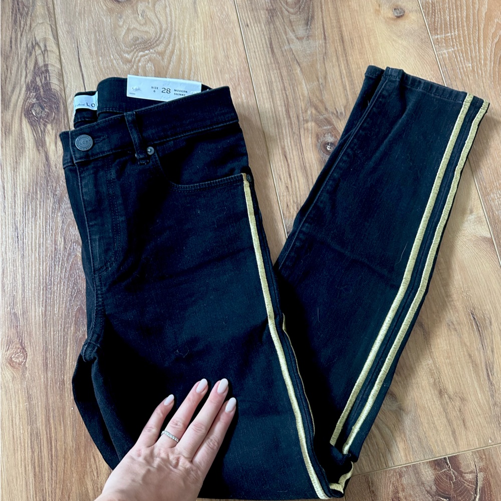 LOFT stretch black jeans, gold double stripe